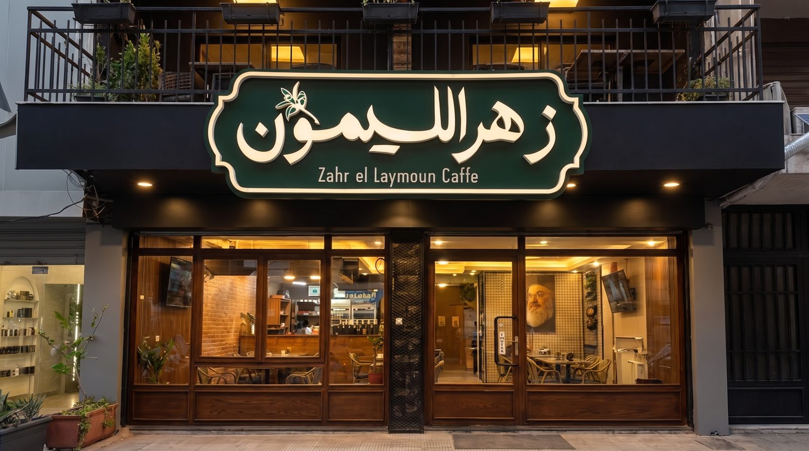 The Zaher El Laymoun shopfront at dusk: the green sign with the café name in Arabic above lit windows and wooden shutters
