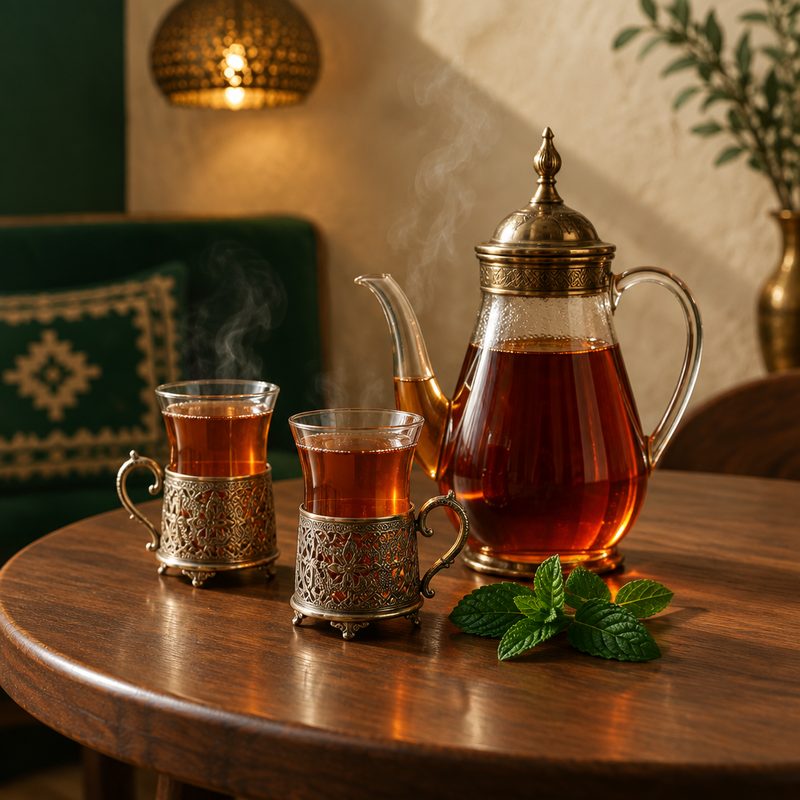 A glass pot of amber Ajami tea with two glasses in silvered holders
