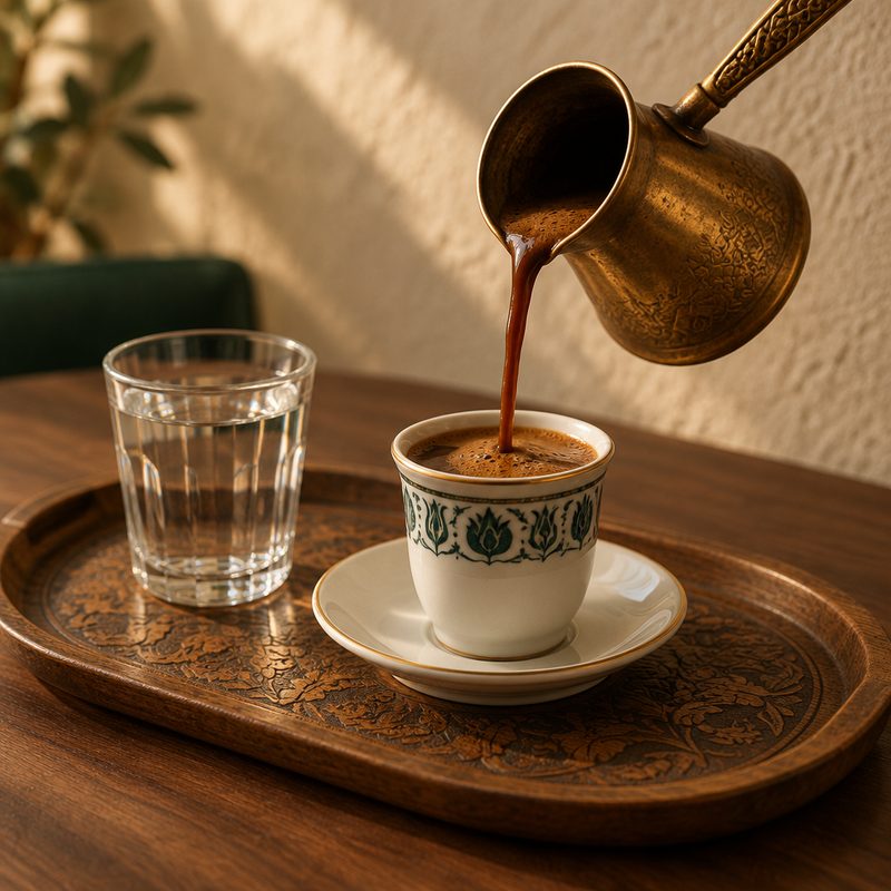 Turkish coffee poured from a brass rakwe into a white finjan on the engraved oak tray