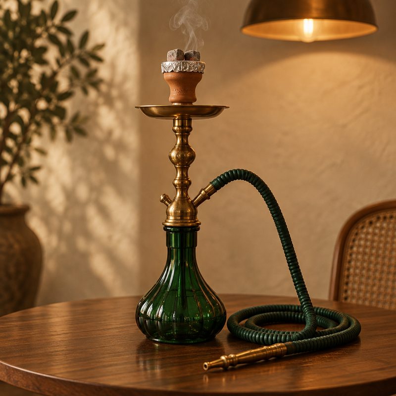 A nargileh with a brass stem and a deep green glass base on a walnut table, hose coiled beside it